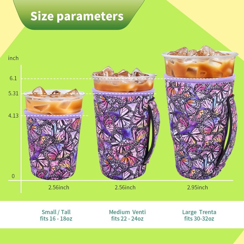Snowso 3 Pack Iced Coffee sleeve Insulated Neoprene Cup Sleeves with handle For Cold Drinks Beverages, Reusable Cup Holder for 16oz-32oz Coffee Cups (Butterfly Galaxy) - Image 2